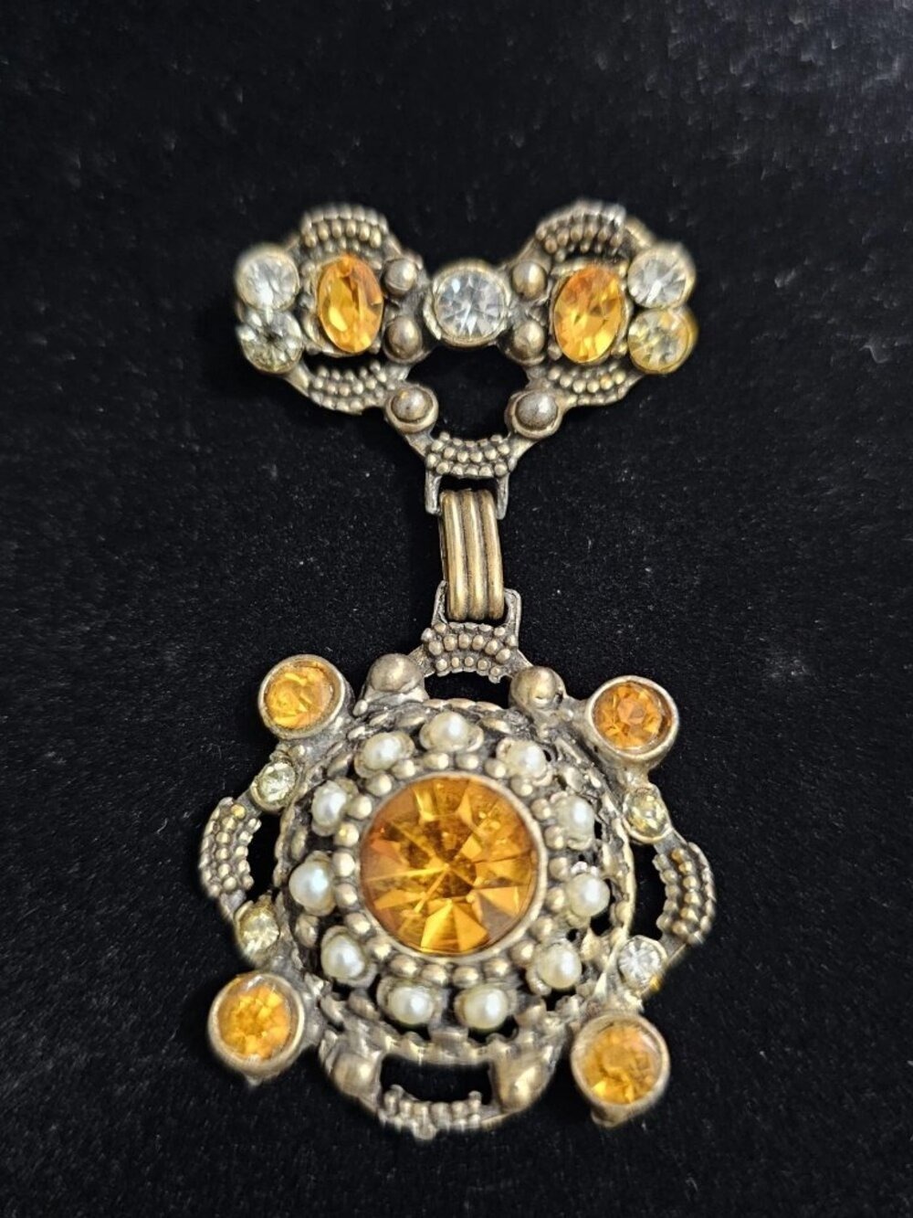 Vintage Amber Rhinestone Filigree Drop Brooch Pin Victorian Revival Gold Tone